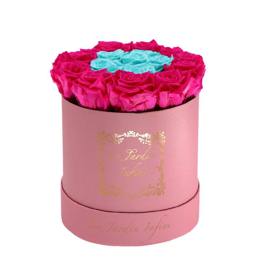 Hot Pink & Turquoise Preserved Roses - Medium Round Pink Box