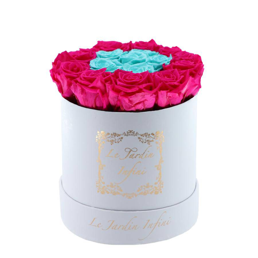 Hot Pink & Turquoise Preserved Roses - Medium Round White Box