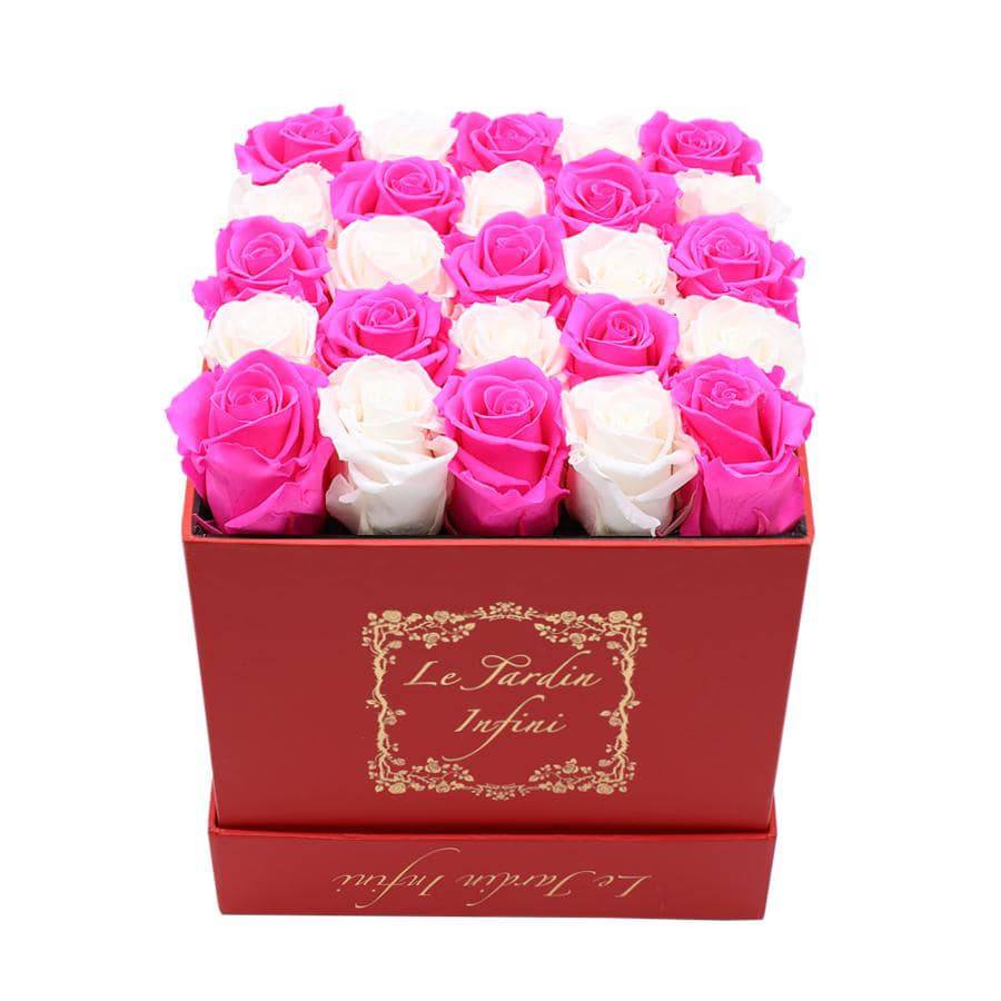 Hot Pink & White Checker Preserved Roses - Medium Red Box