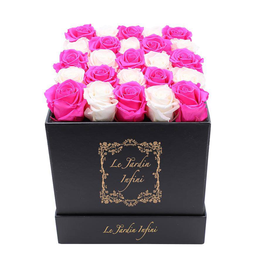 Hot Pink & White Checker Preserved Roses - Medium Square Black Box - Le Jardin Infini Roses in a Box
