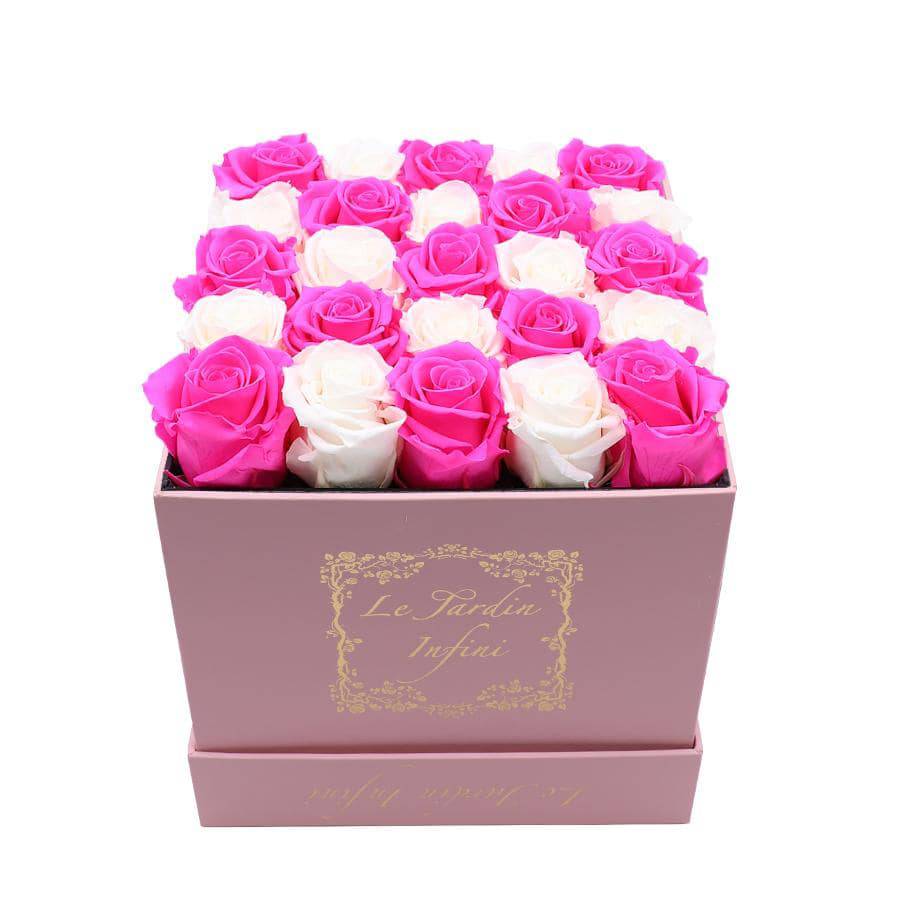 Hot Pink & White Checker Preserved Roses - Medium Square Pink Box