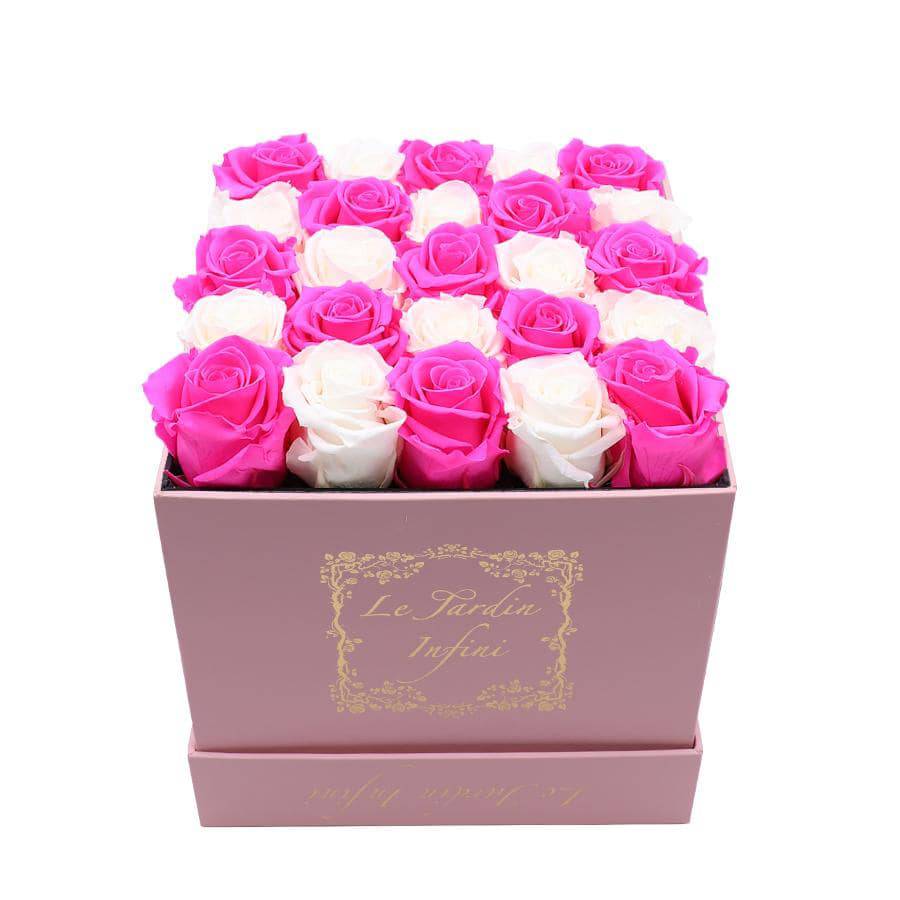 Hot Pink & White Checker Preserved Roses - Medium Square Pink Box - Le Jardin Infini Roses in a Box