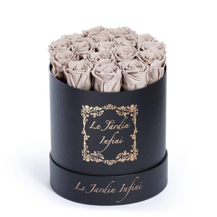 Khaki Preserved Roses - Medium Round Black Box - Le Jardin Infini Roses in a Box