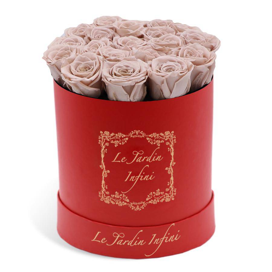 Khaki Preserved Roses - Medium Round Red Box - Le Jardin Infini Roses in a Box