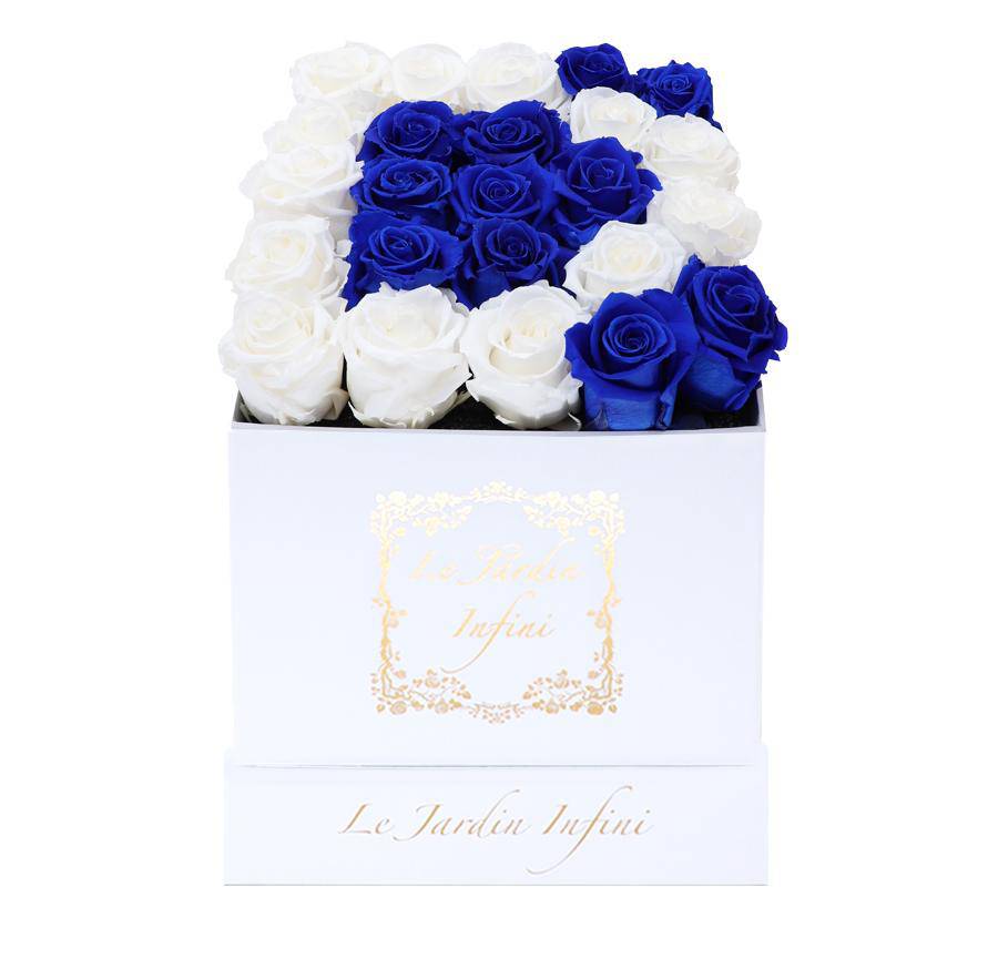 Letter D White & Royal Blue Preserved Roses - Medium Square White Box - Le Jardin Infini Roses in a Box