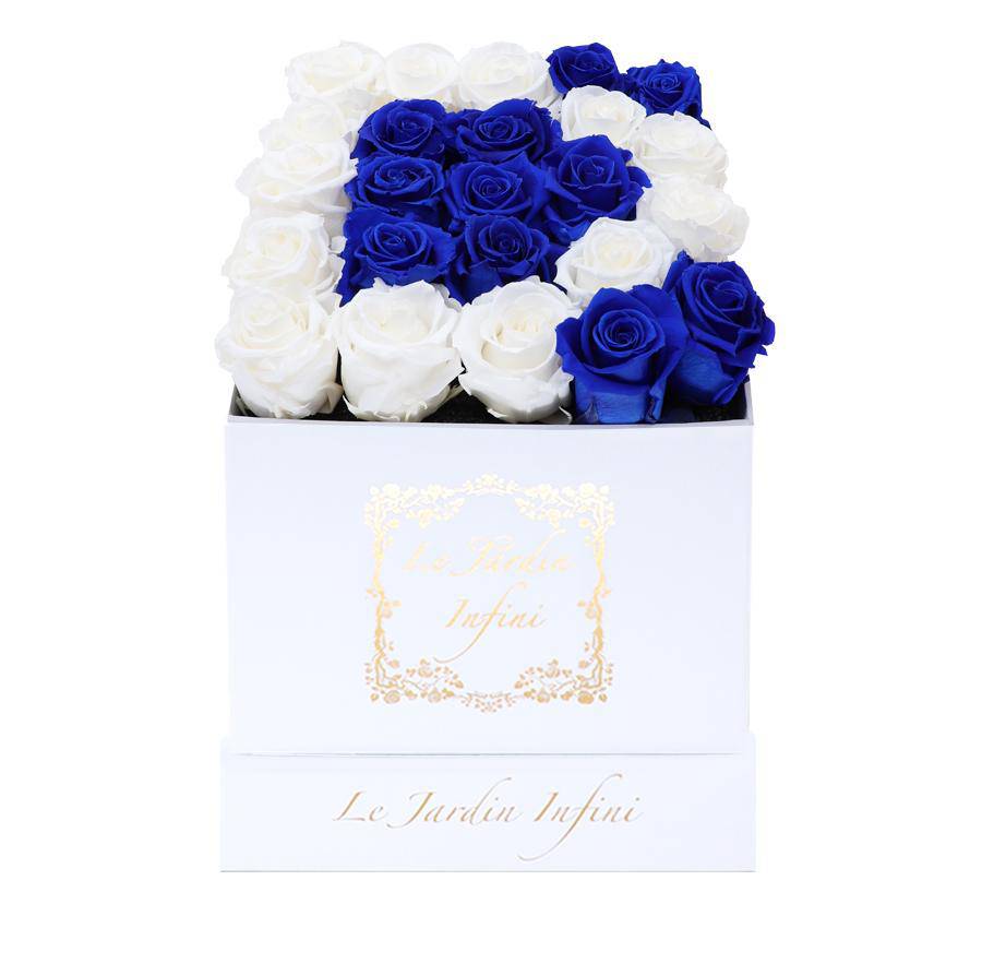 Letter D White & Royal Blue Preserved Roses - Medium Square White Box