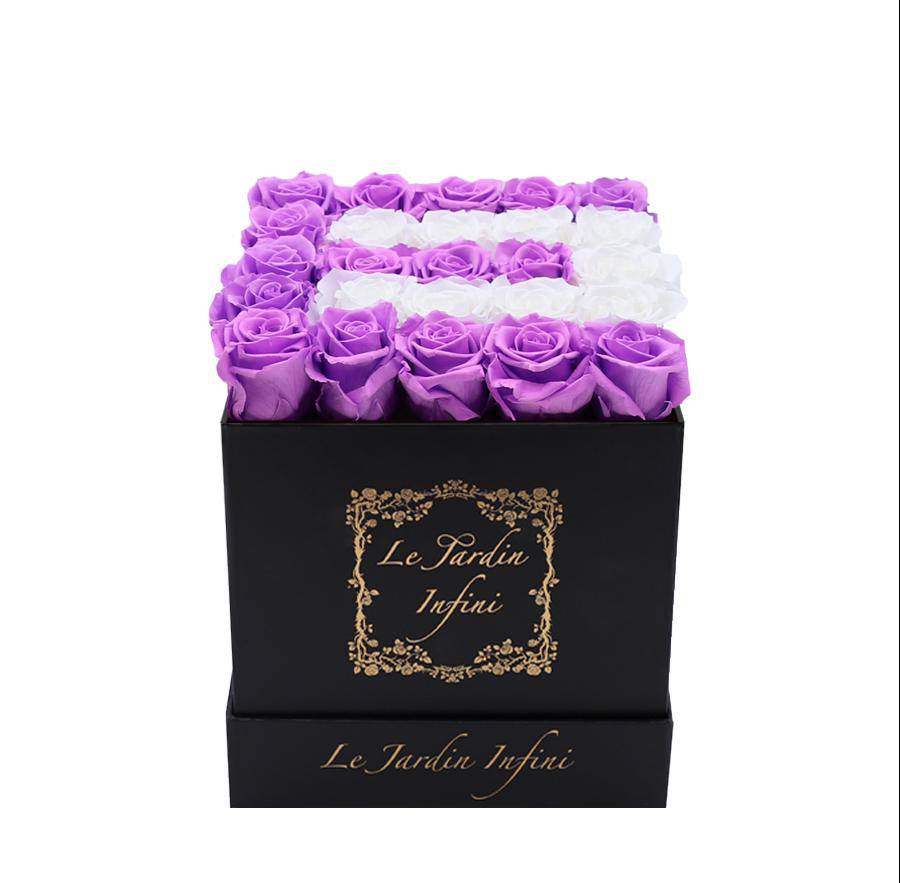 Letter E Lilac & White Preserved Roses - Luxury Medium Square Black Box