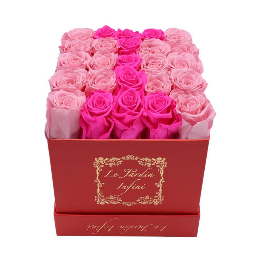 Letter I Hot Pink & Soft Pink Preserved Roses - Medium Red Box