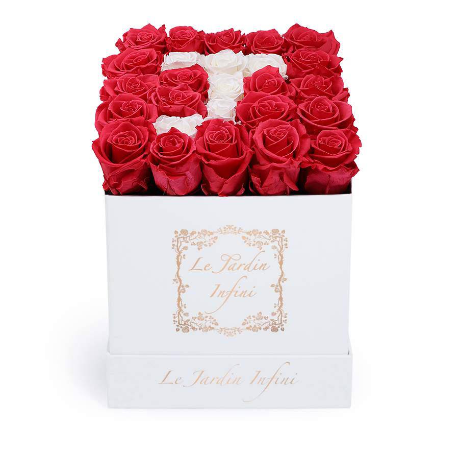 Letter J Red & White Preserved Roses - Medium Square White Box - Le Jardin Infini Roses in a Box