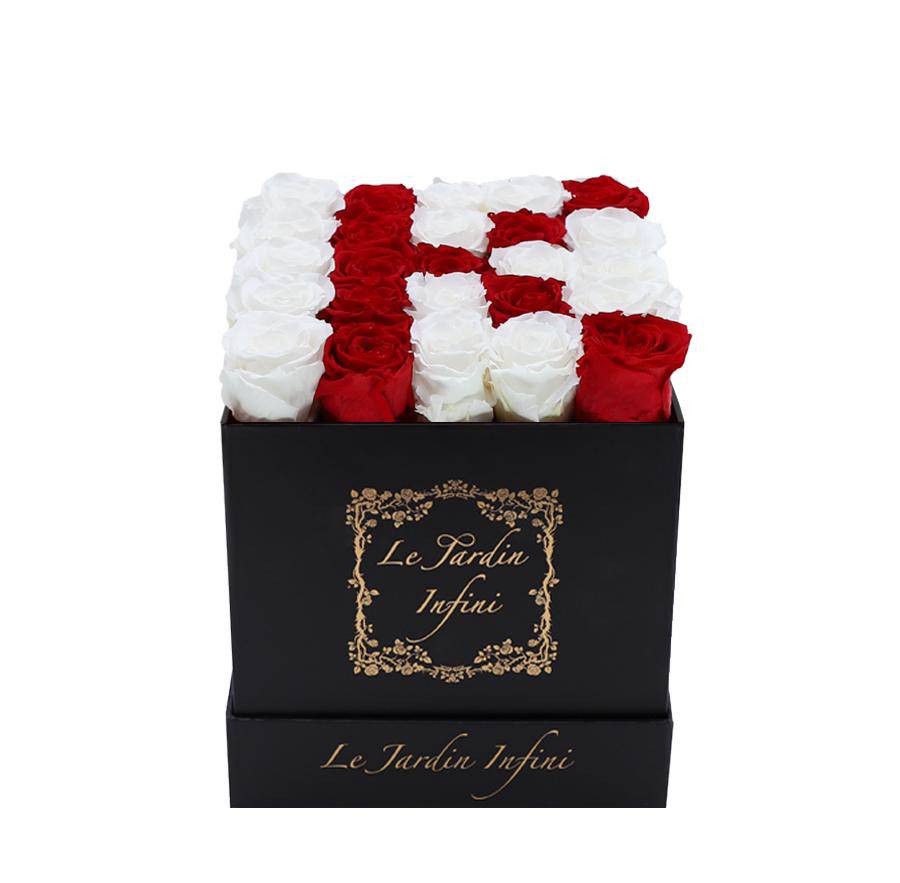 Letter K Red & White Preserved Roses - Luxury Medium Square Black Box