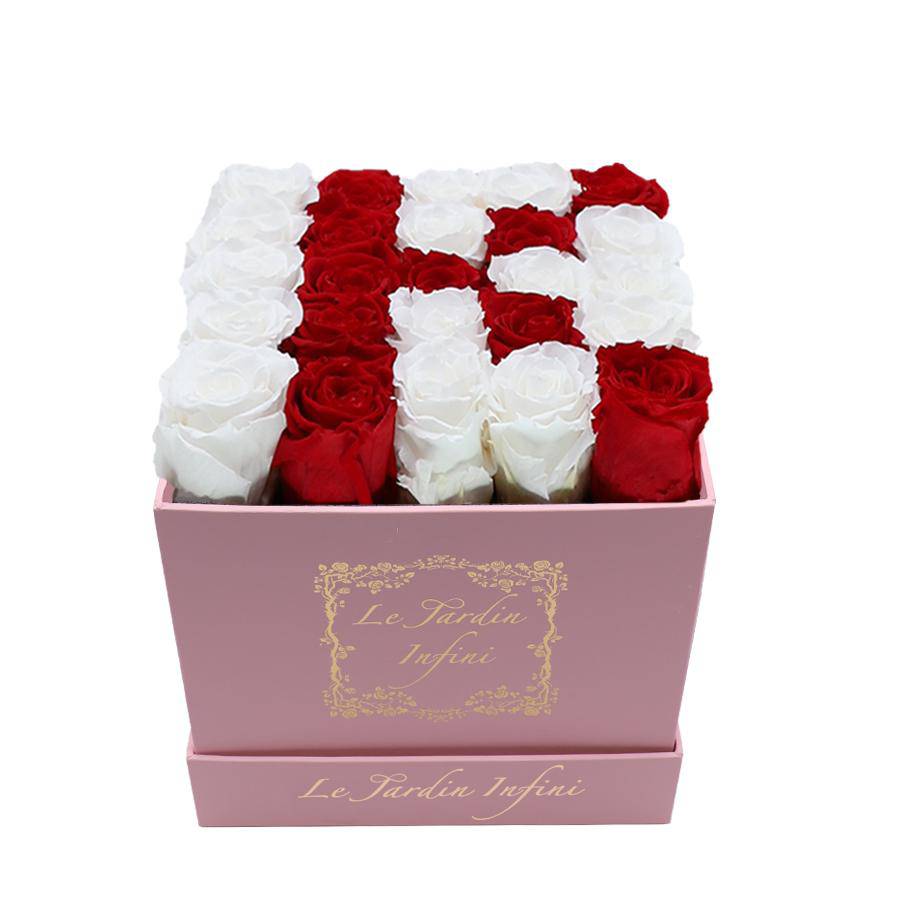 Letter K Red & White Preserved Roses - Luxury Medium Square Pink Box