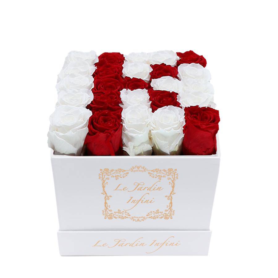 Letter K Red & White Preserved Roses - Luxury Medium Square White Box