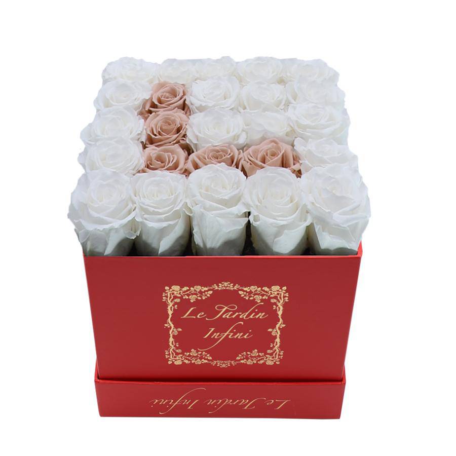 Letter L Khaki & White Preserved Roses - Medium Red Box - Le Jardin Infini Roses in a Box