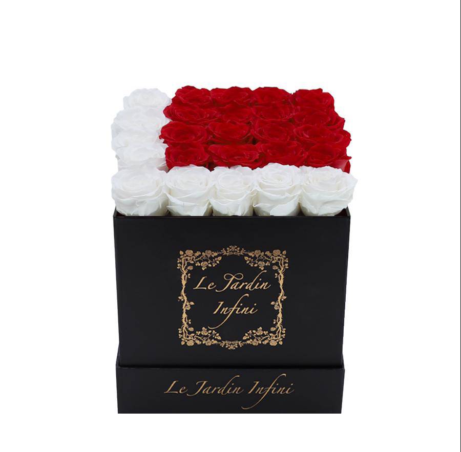 Letter L Red & White Preserved Roses - Luxury Medium Square Black Box