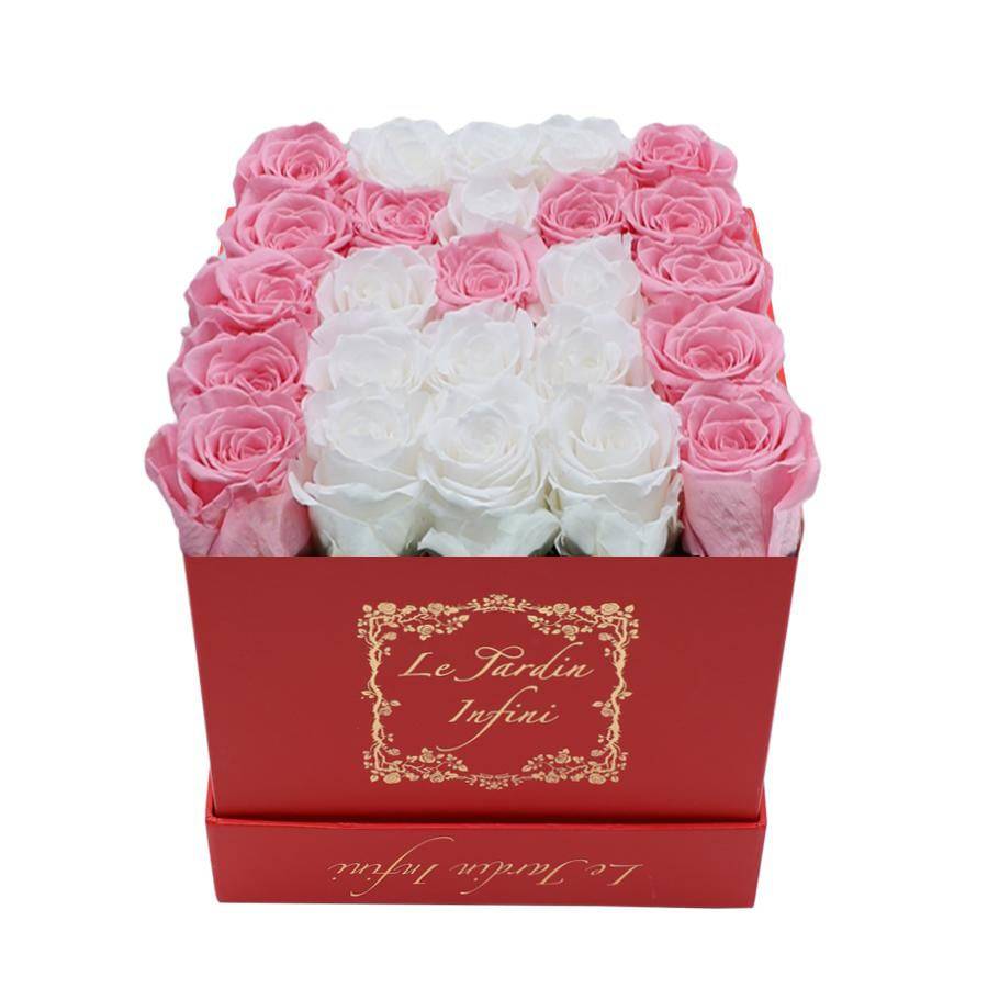 Letter M Pink & White Preserved Roses - Medium Red Box