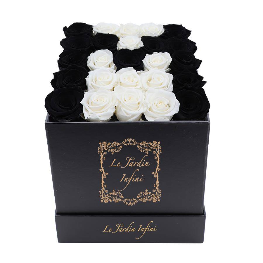 Letter M White & Black Preserved Roses - Medium Black Box