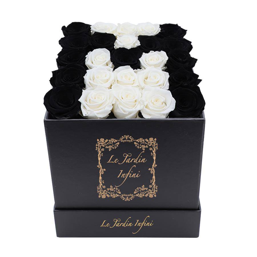 Letter M White & Black Preserved Roses - Medium Black Box - Le Jardin Infini Roses in a Box