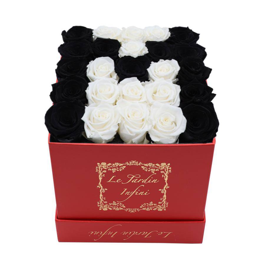 Letter M White & Black Preserved Roses - Medium Red Box