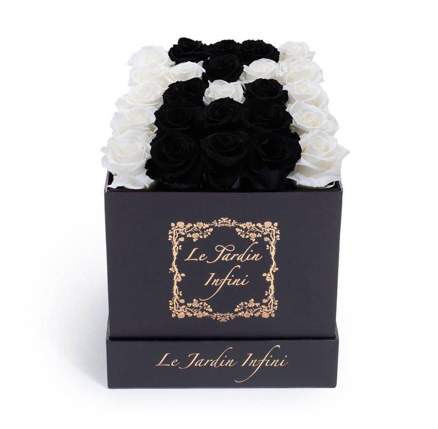 Letter M White & Black Preserved Roses - Medium Square Black Box