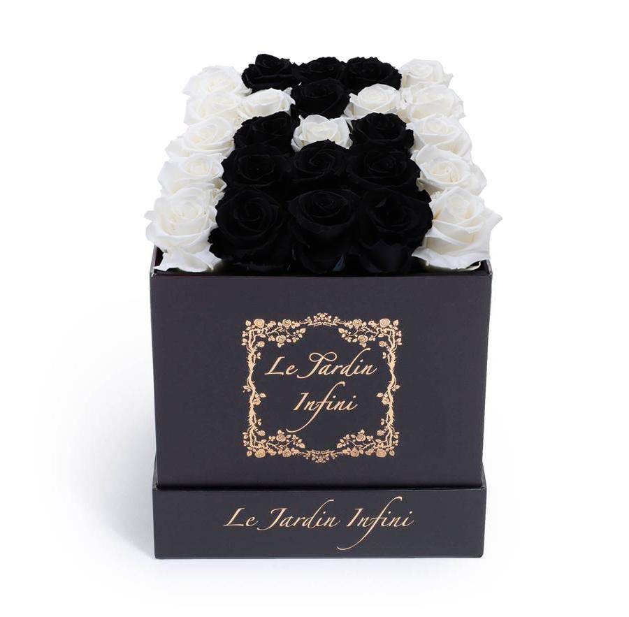 Letter M White & Black Preserved Roses - Medium Square Black Box - Le Jardin Infini Roses in a Box