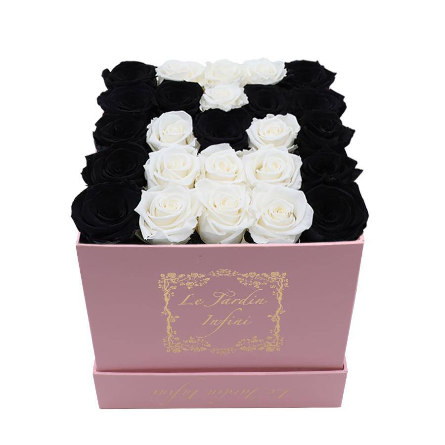 Letter M White & Black Preserved Roses - Medium Square Pink Box