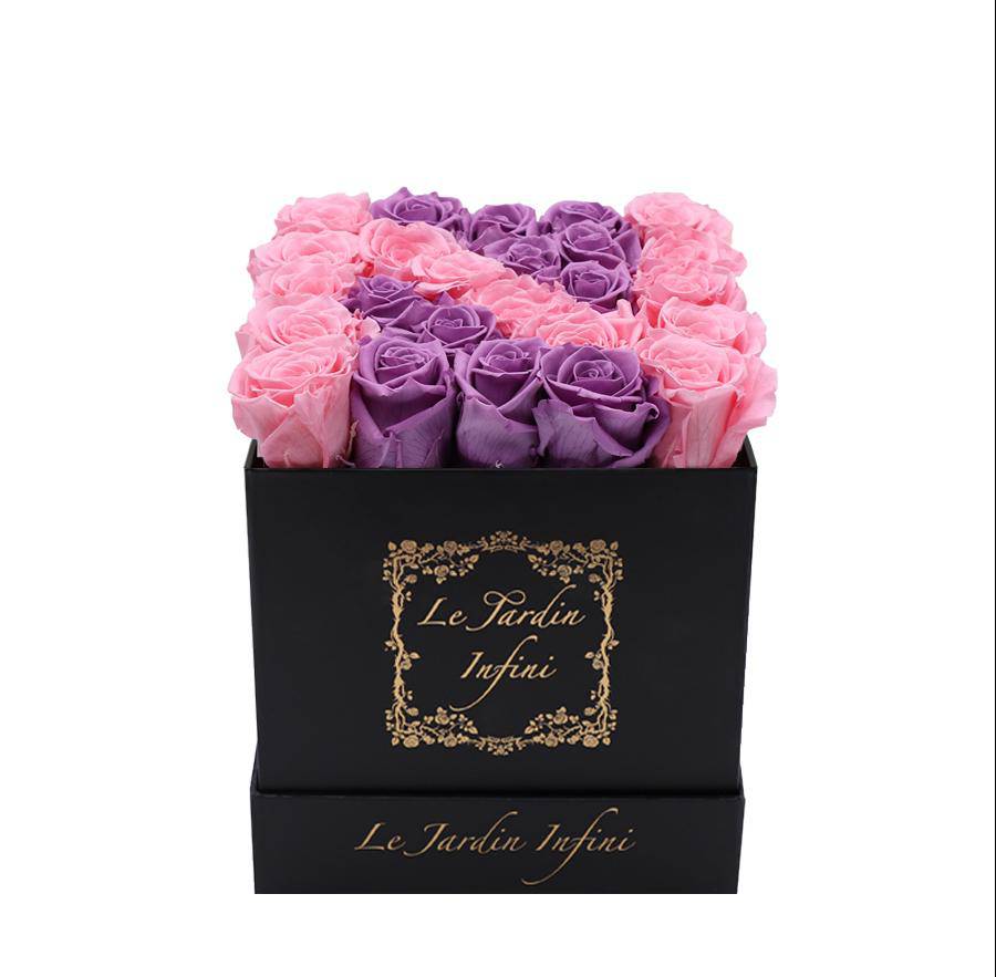 Letter N Lilac & Pink Preserved Roses - Luxury Medium Square Black Box