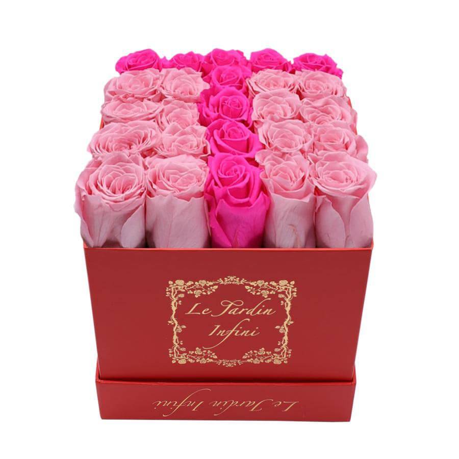 Letter T Hot Pink & Soft Pink Preserved Roses - Medium Red Box