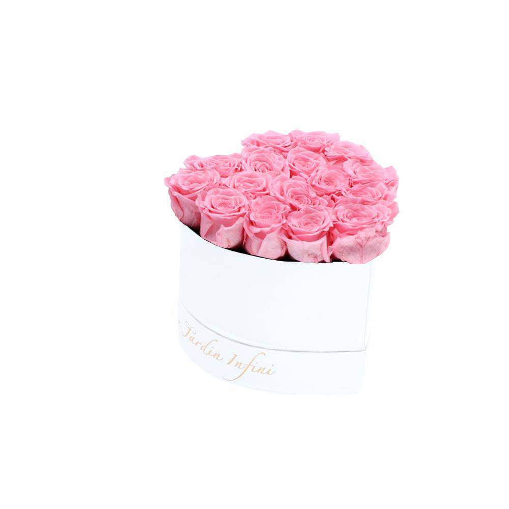 Pink Preserved Roses in A Heart Shaped Box - Mini Heart Luxury White Suede Box - Le Jardin Infini Roses in a Box