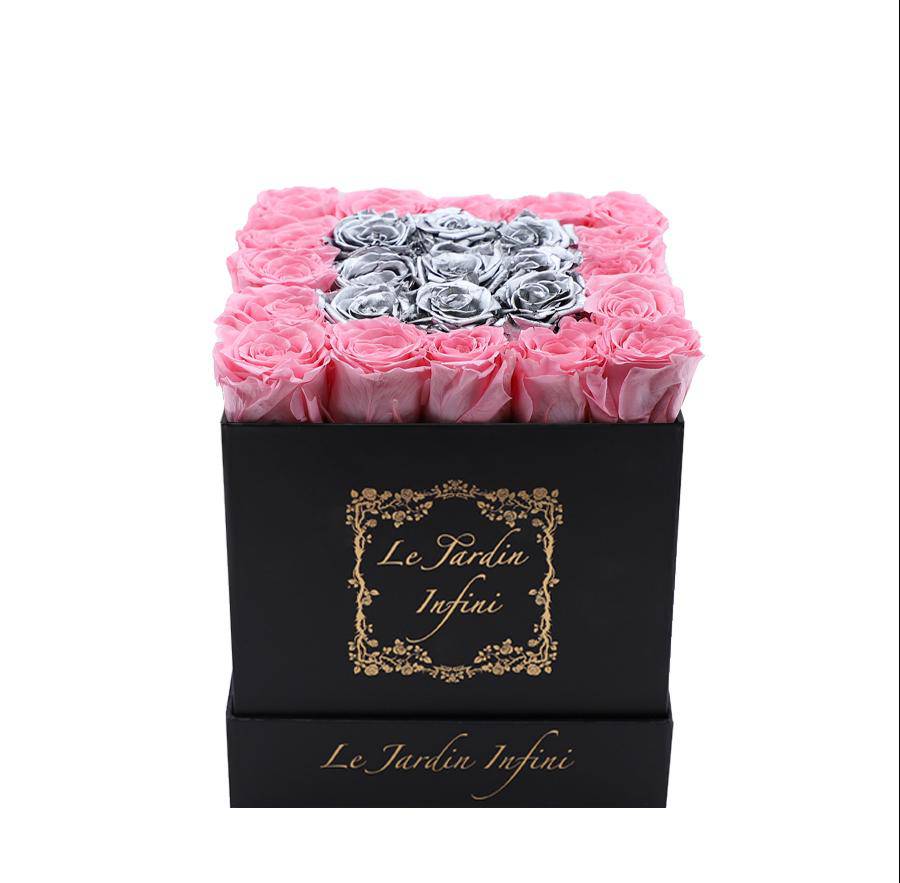 Pink & Silver Center Preserved Roses - Medium Black Box