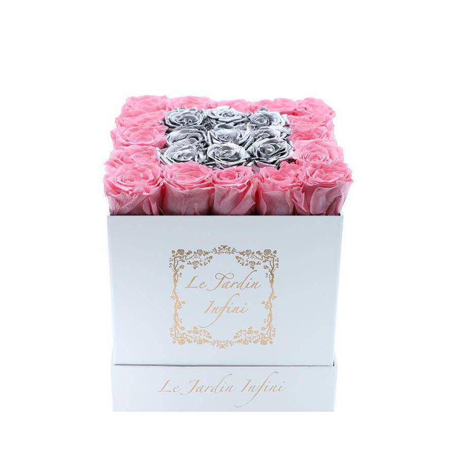 Pink & Silver Center Preserved Roses - Medium White Box