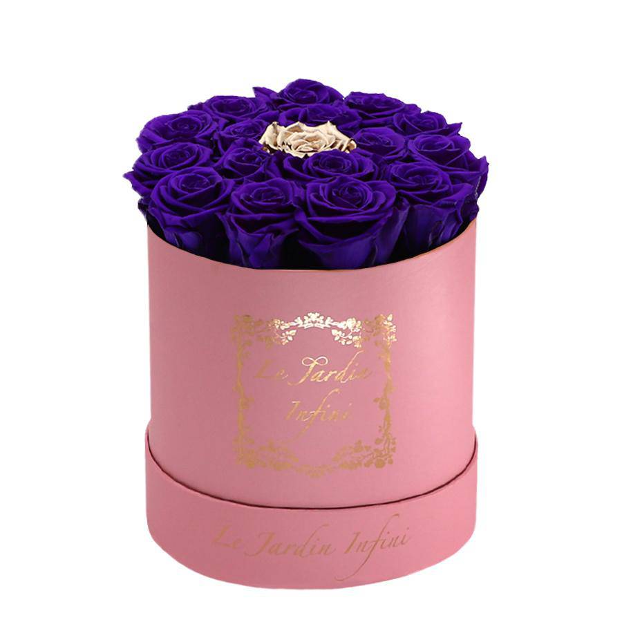 Purple & Gold Dot Preserved Roses - Medium Round Pink Box