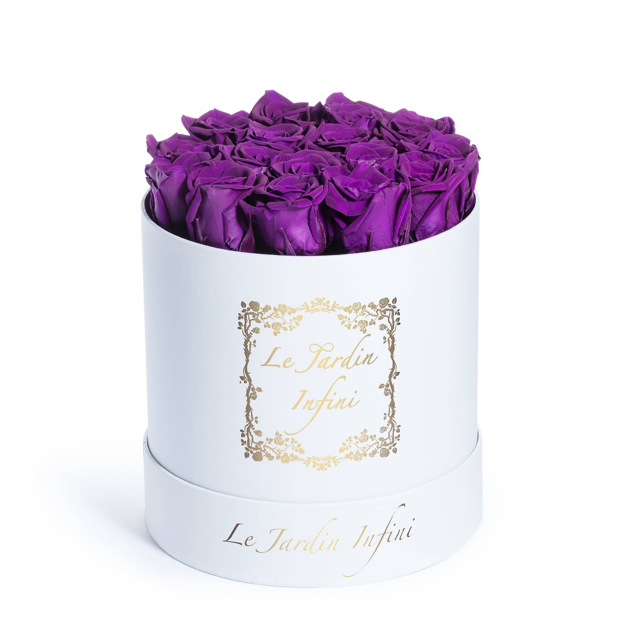 Purple Preserved Roses - Medium Round White Box - Le Jardin Infini Roses in a Box