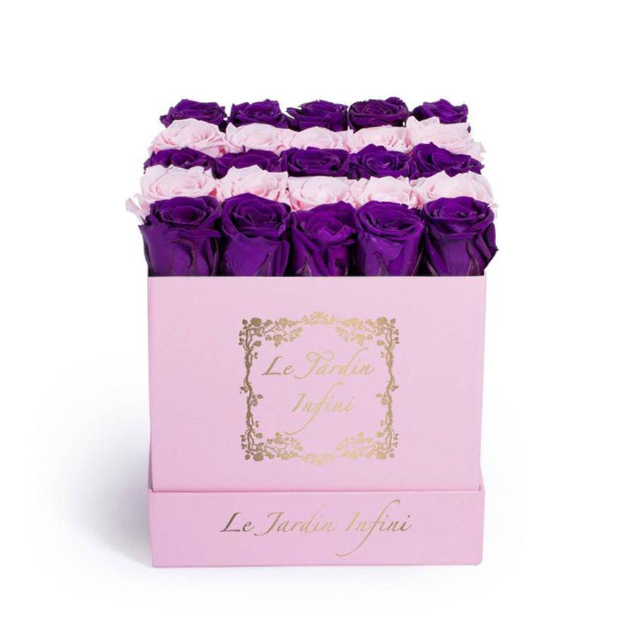 Purple & Soft Pink Rows Preserved Roses - Medium Square Luxury Pink Box - Le Jardin Infini Roses in a Box