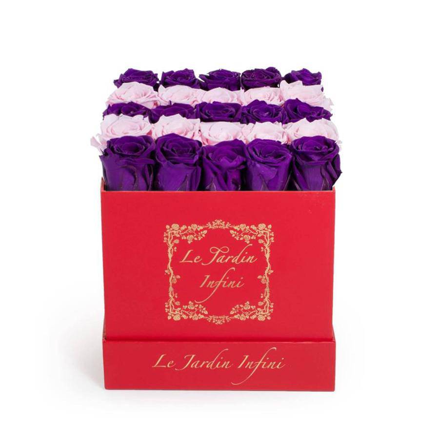 Purple & Soft Pink Rows Preserved Roses - Medium Square Red Box - Le Jardin Infini Roses in a Box