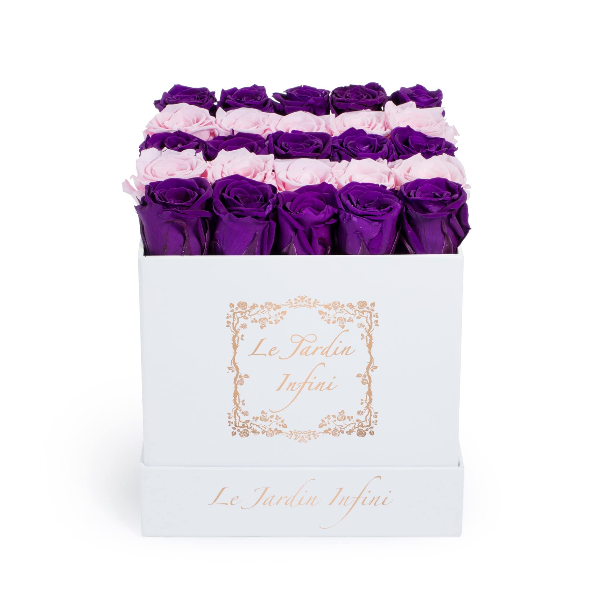Purple & Soft Pink Rows Preserved Roses - Medium Square White Box