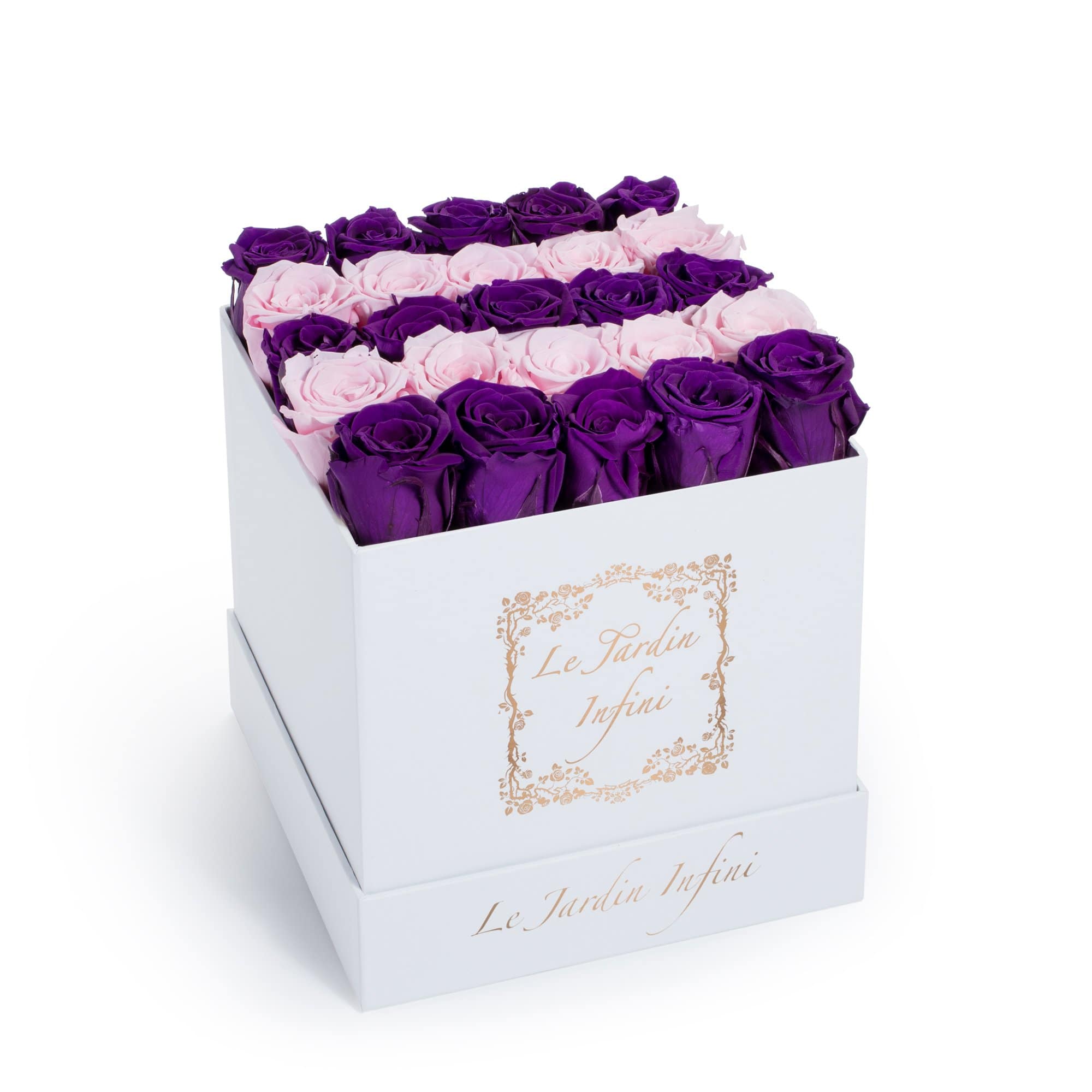 Purple & Soft Pink Rows Preserved Roses - Medium Square White Box