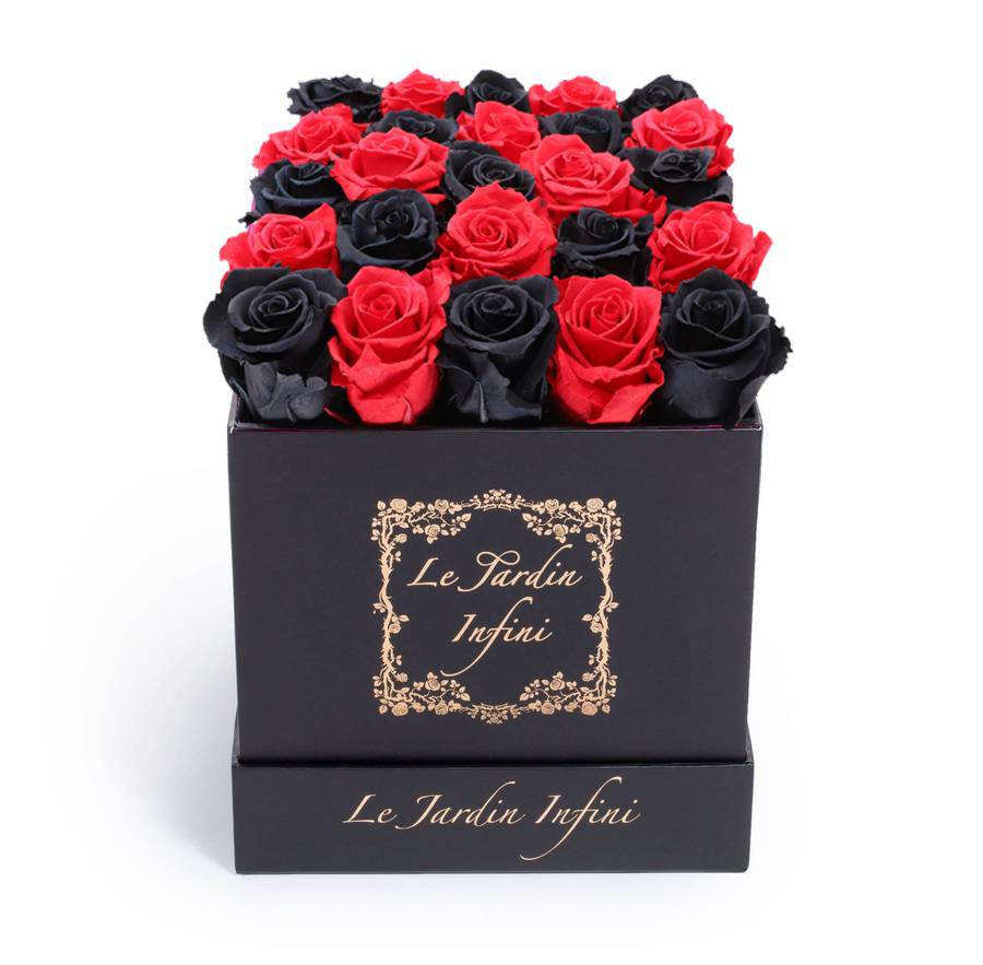 Red and Black Checker Preserved Roses - Medium Square Black Box - Le Jardin Infini Roses in a Box