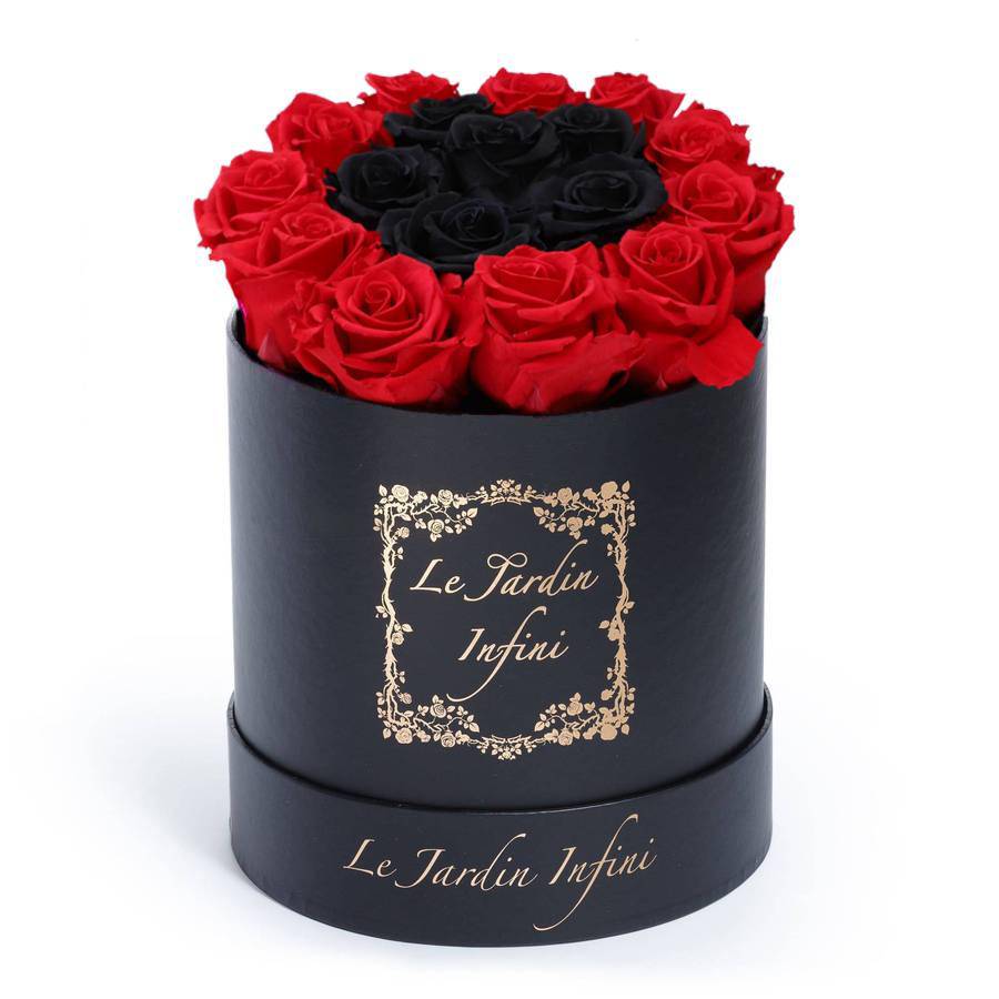 Red and Black Preserved Roses - Medium Round Black Box - Le Jardin Infini Roses in a Box
