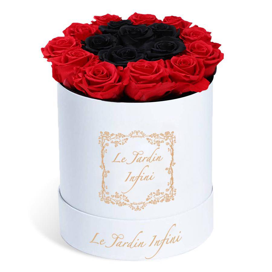 Red Preserved Roses Around a Center Black Roses - Medium Round White Box