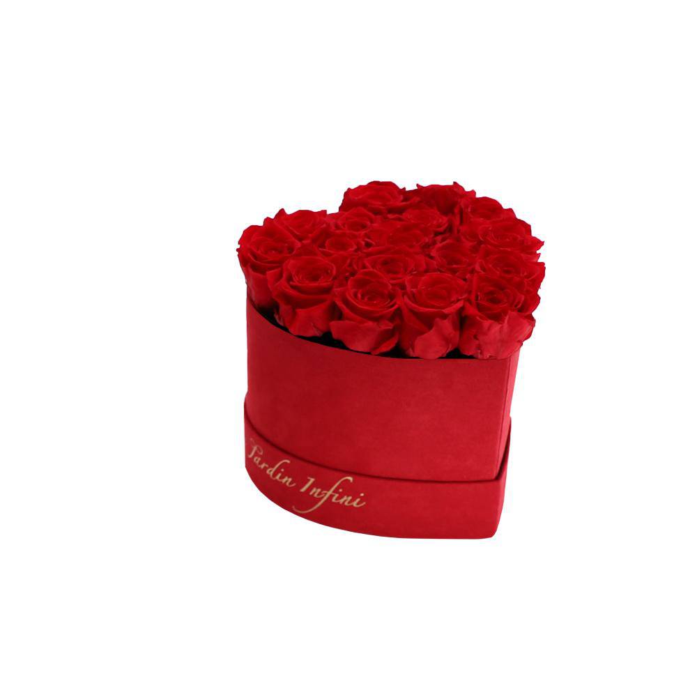 Red Preserved Roses in A Heart Shaped Box- 16-18 Roses Heart Luxury Red Suede Box