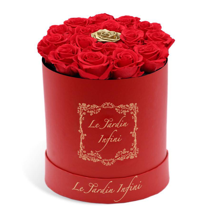 Red Preserved Roses with 1 Gold Preserved Rose in Middle - Medium Round Red Box