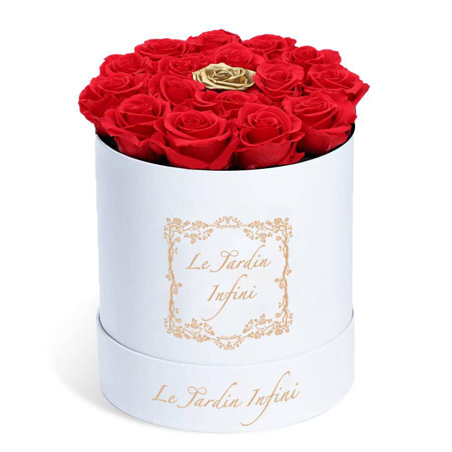 Red Preserved Roses with 1 Gold Preserved Rose in Middle - Medium Round White Box