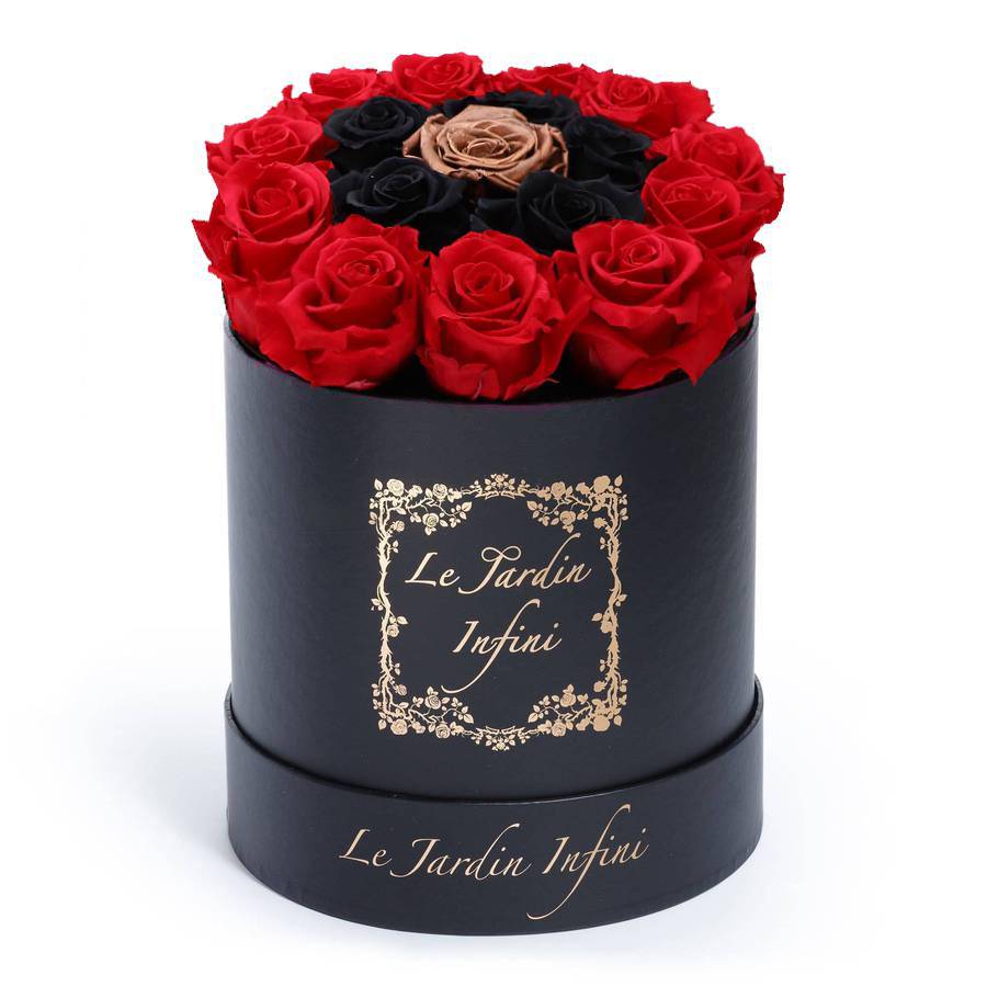 Red Preserved with Black & Copper Rose - Medium Round Black Box - Le Jardin Infini Roses in a Box