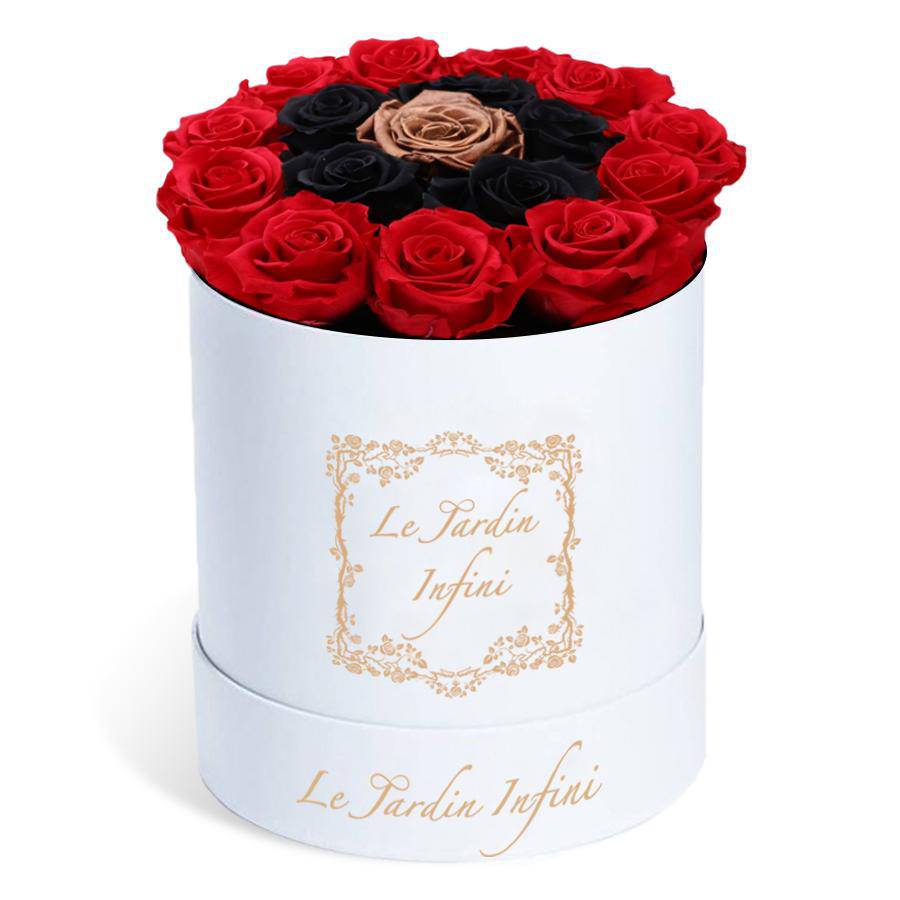 Red Preserved with Black & Copper Rose - Medium Round White Box - Le Jardin Infini Roses in a Box