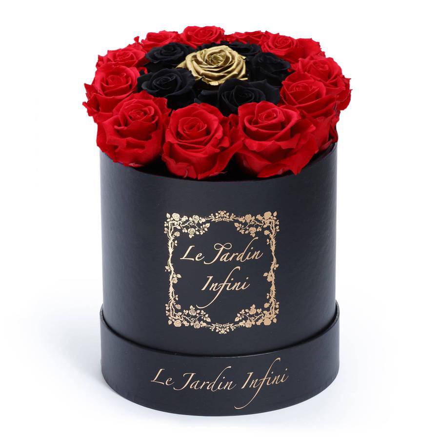 Red Preserved with Black & Gold Rose - Medium Round Black Box
