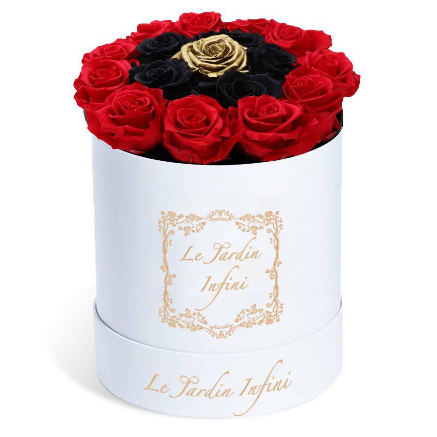 Red Preserved with Black & Gold Rose - Medium Round White Box