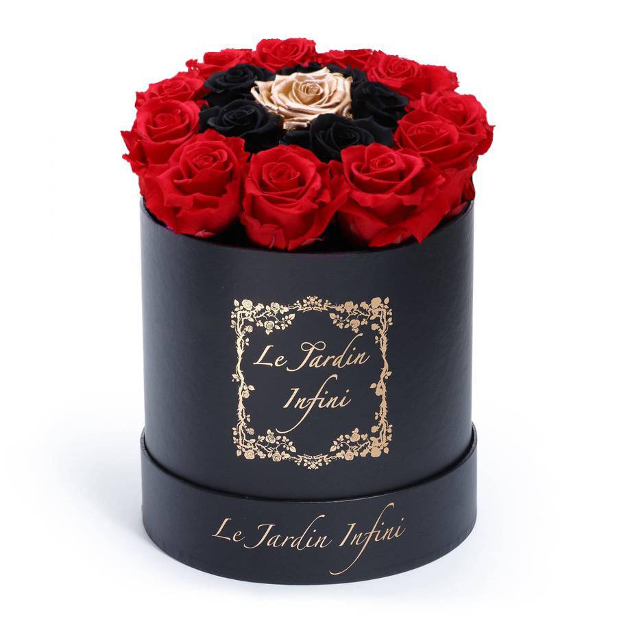 Red Preserved with Black & Rose Gold Rose - Medium Round Black Box - Le Jardin Infini Roses in a Box