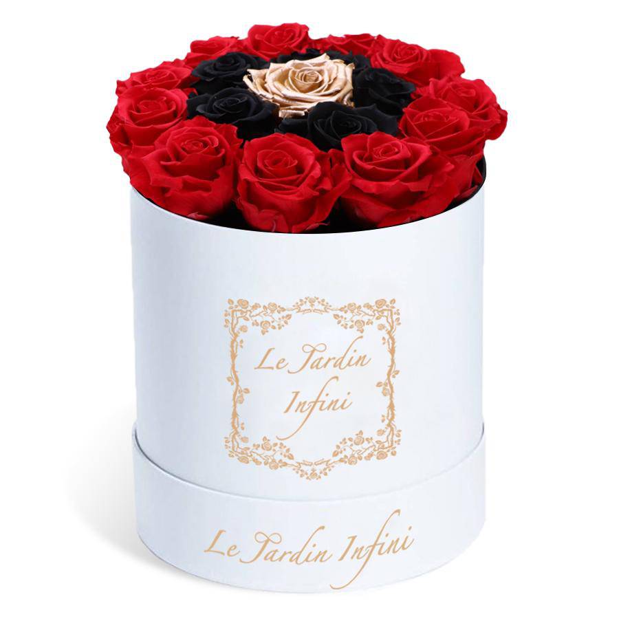 Red Preserved with Black & Rose Gold Rose - Medium Round White Box - Le Jardin Infini Roses in a Box