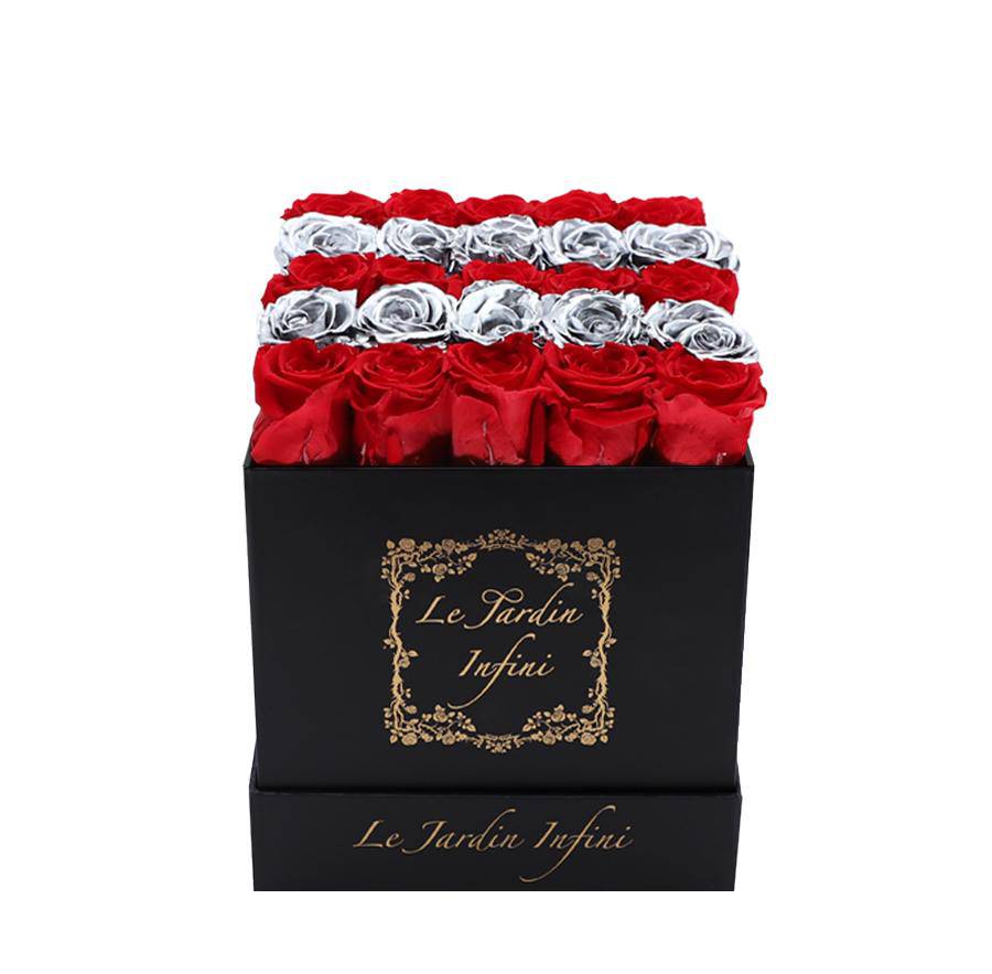 Red & Silver Rows Preserved Roses - Medium Square Black Box