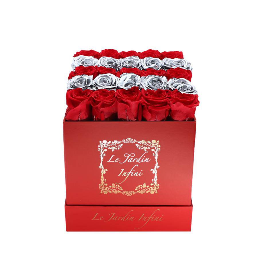 Red & Silver Rows Preserved Roses - Medium Square Red Box